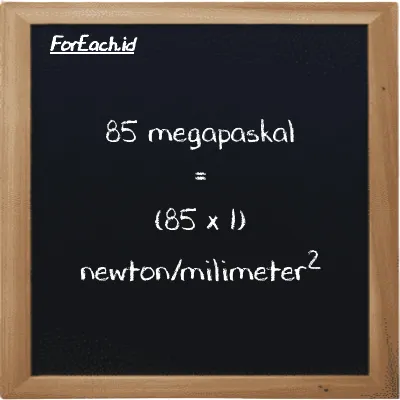 Cara konversi megapaskal ke newton/milimeter<sup>2</sup> (MPa ke N/mm<sup>2</sup>): 85 megapaskal (MPa) setara dengan 85 dikalikan dengan 1 newton/milimeter<sup>2</sup> (N/mm<sup>2</sup>)